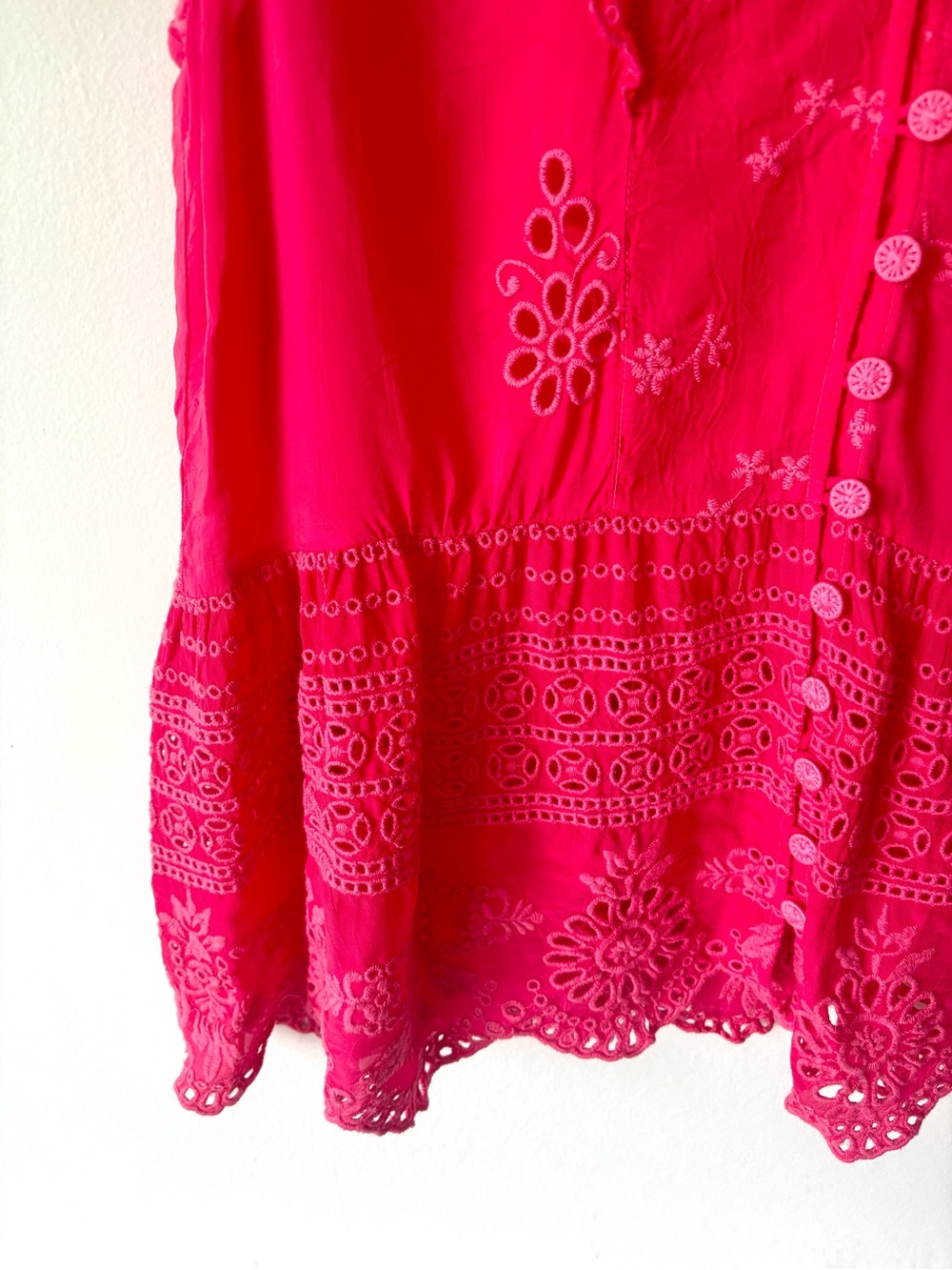 Johnny Was Rodeo Anitta Blouse Pink Eyelet Embroidered Ruffle Scalloped Hem - Picture 6 of 8